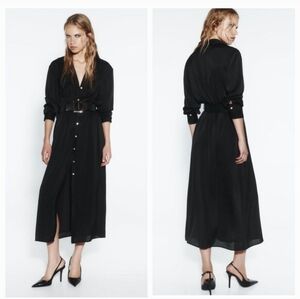 Black Button-Front Midi Shirt Dress with Belt